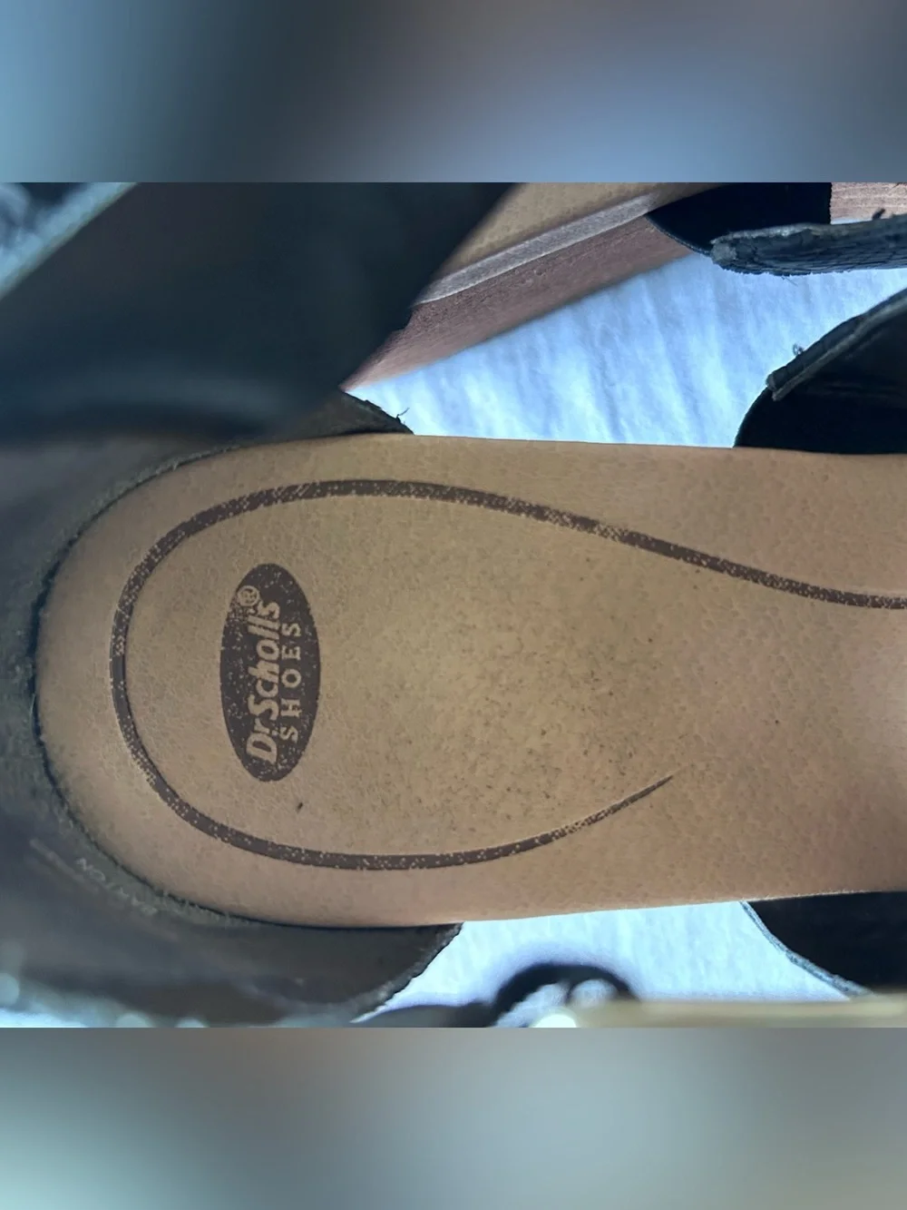 Dr. Scholl's Black Textured Strappy Wedge Sandals with Wood-Tone Heel